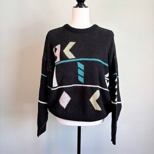 Vintage 90s Crew Neck Sweater Saved By The Bell Black Art Deco Unisex Size Large